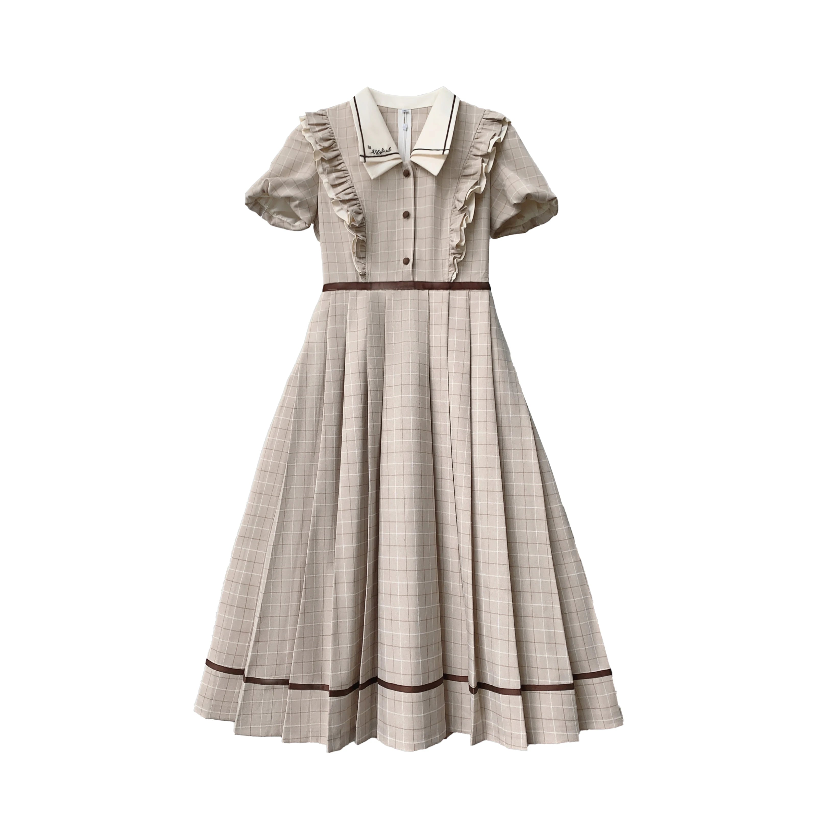 British Retro Elegant Princess Dress Summer Polo Collar Puff Sleeve Slim Pleated Dress for Women Pastoral Girl A-line Dresses