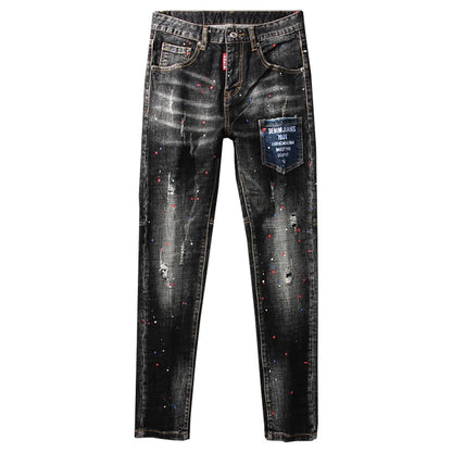 Men Jeans Retro Black Gray Slim Fit Ripped Jeans