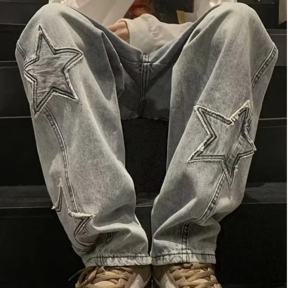 Star Embroidery Straight Casual Men Jeans Neutral Wide Leg Loose Hip-hop