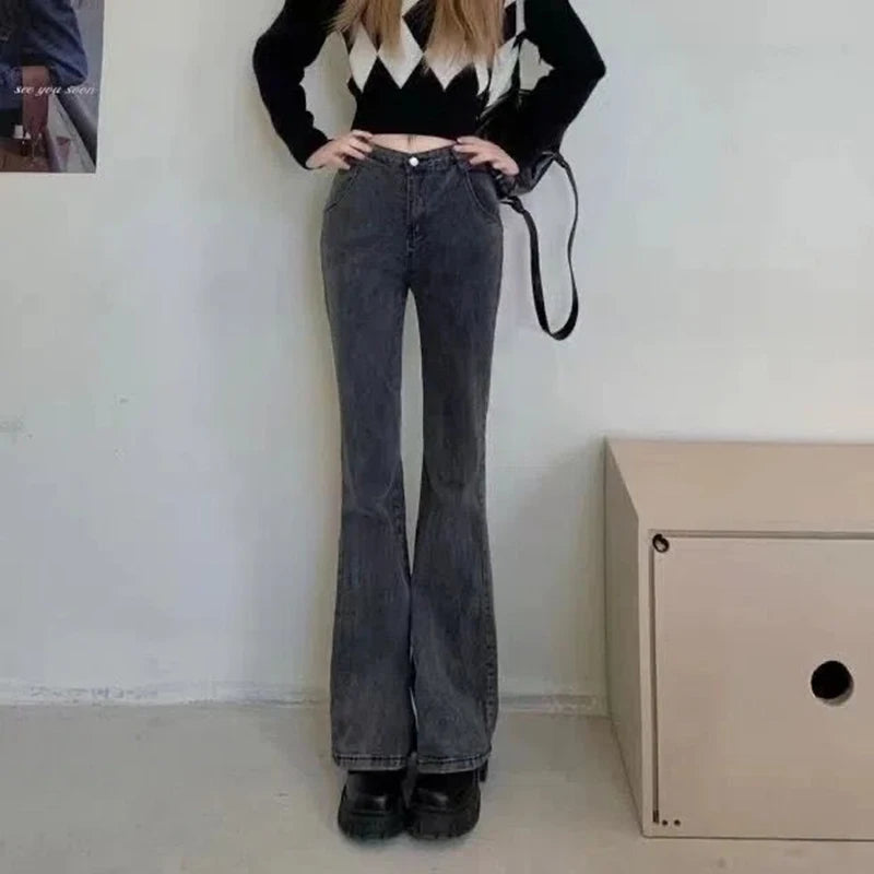 2024 Woman High Waist Vintage Flare Jeans Female Elastic Bell Bottom Pants Girls Black Brown Deep Blue Light Blue Denim Trousers