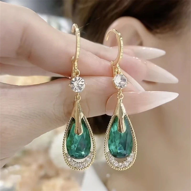 Green Color Crystal Dangle Earrings for Women