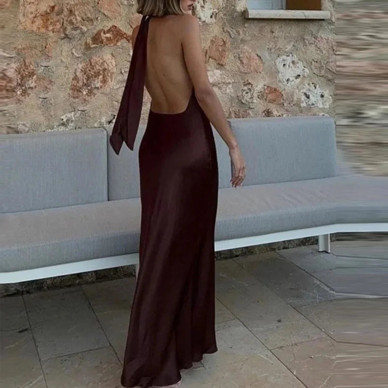 Halter Satin Long Dress Women Tied Backless Brown Midi Dress