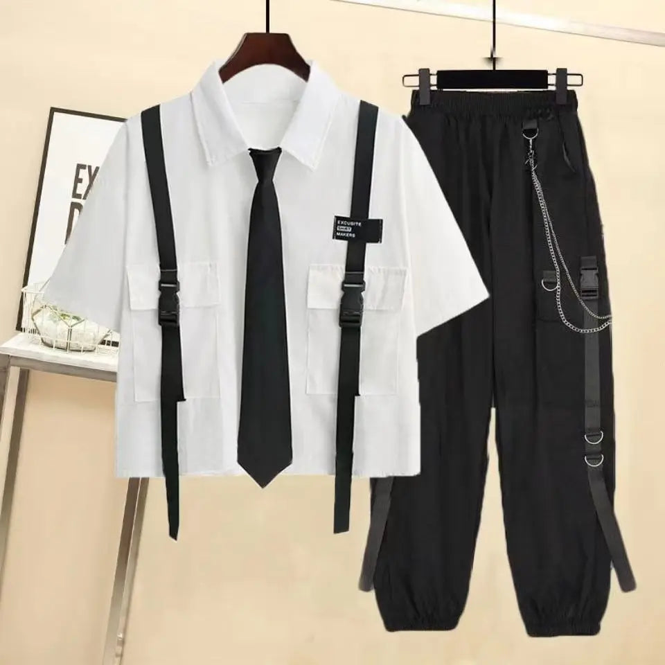Cargo Pants with Chain 2 Piece Sets White Black Harajuku Shirt