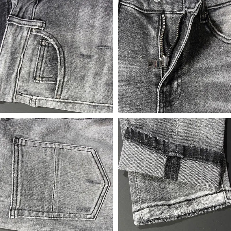 Men Jeans Retro Gray Elastic Stretch Skinny Ripped Jeans