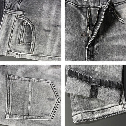 Men Jeans Retro Gray Elastic Stretch Skinny Ripped Jeans