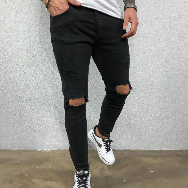 Men Jeans Knee Hole Skinny Jeans Stretch Cotton Solid Color Pants