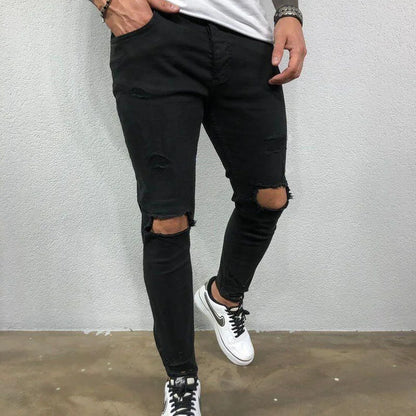 Men Jeans Knee Hole Skinny Jeans Stretch Cotton Solid Color Pants