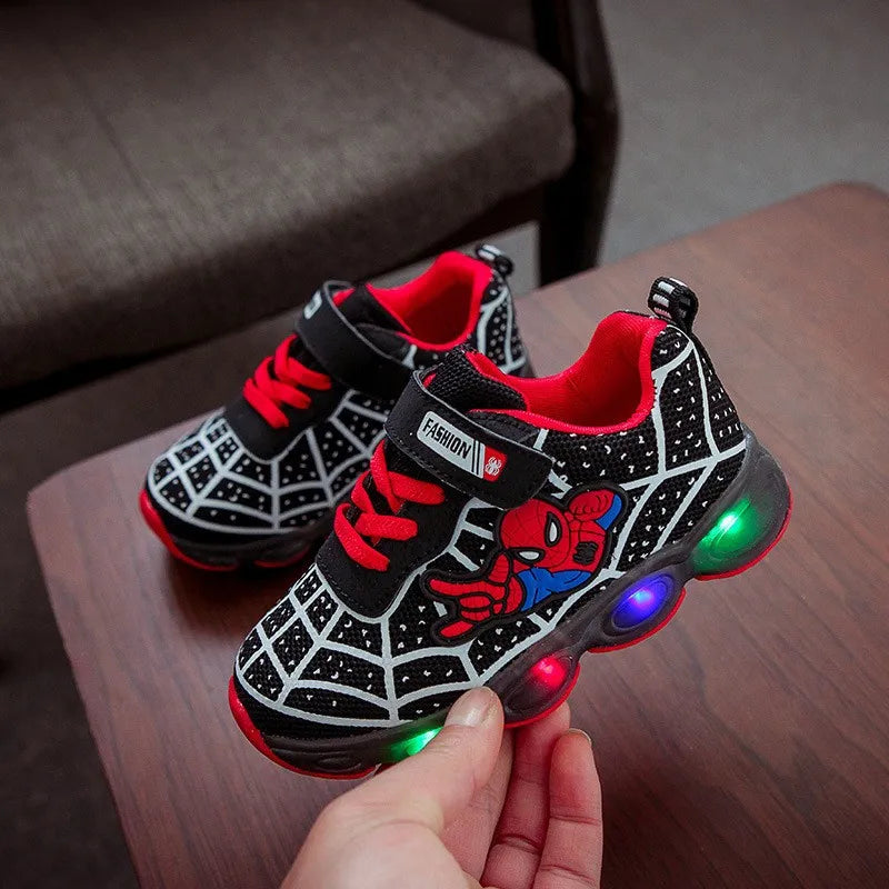 2024 Summer Spiderman Kids Sneakers Disney Children's Led Light Shoes  Boys Breathable Sport Casual Shoes Anti-slip Girls Shoes
