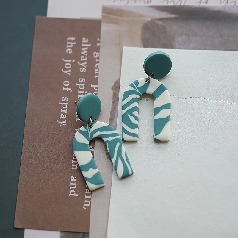Floral Leaf Zebra Pattern Dangle Pendant Clay Earrings