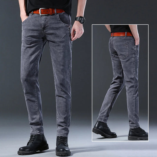 Casual Pants Straight Slim Grey High  Quality Men's Jeans
