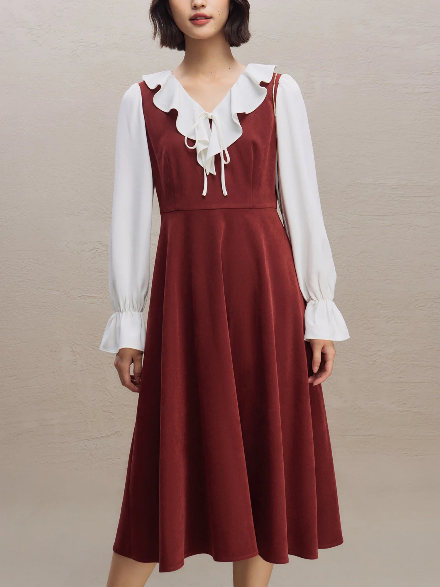 ZIQIAO French Retro Style Red Dress For Women 2023 Autumn Winter New Design Slim Corduroy Mid-length Casual Dress 23ZQ94453