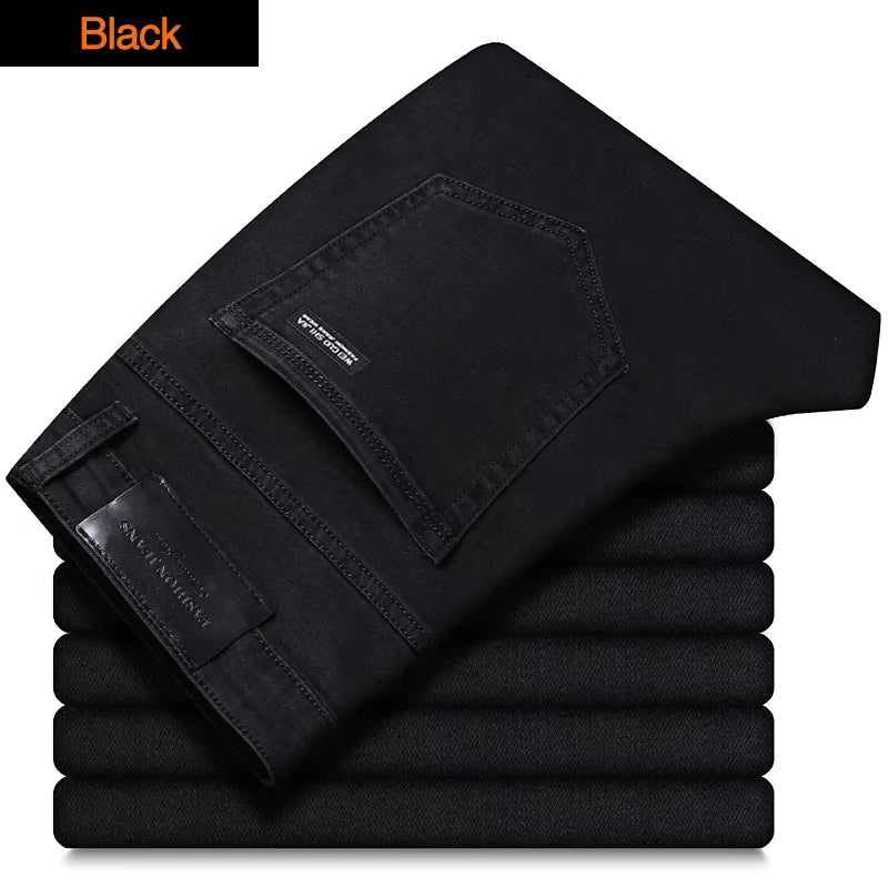 2025 New Men's Stretch Regular Fit Jeans Business Casual Classic Style Fashion Denim Trousers Male Black Blue Gray Pants