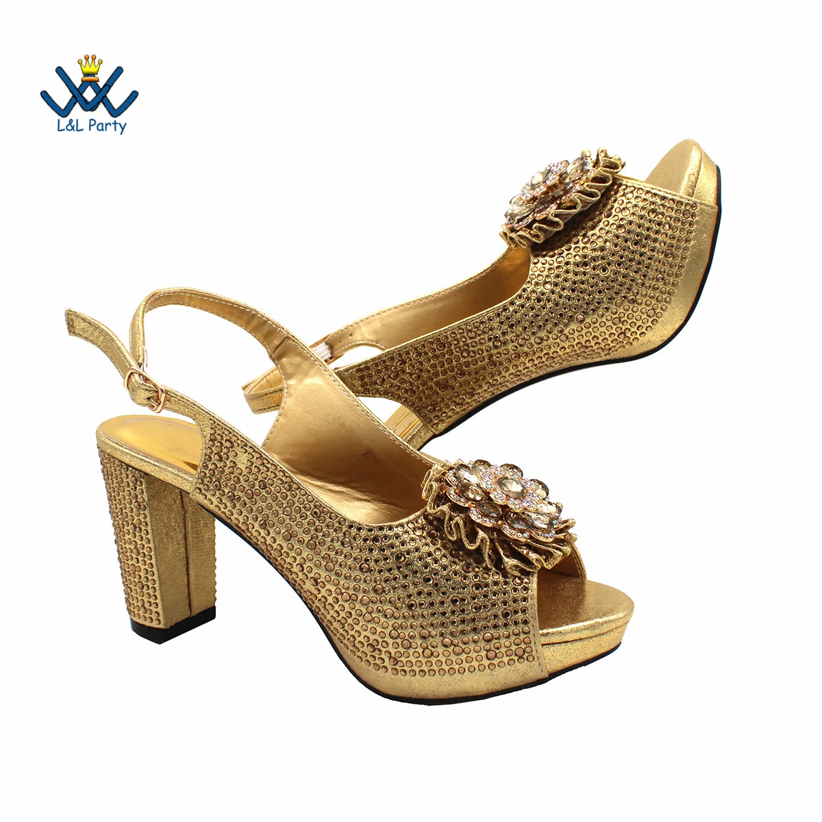 Peep Toe Spring Autumn Lady Shoes and Bag Set in Gold Color