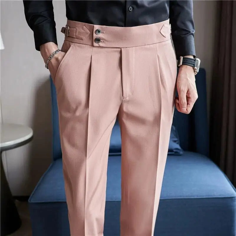 Men High Waist Casual Dress Pant Men Belt Design Slim Trousers