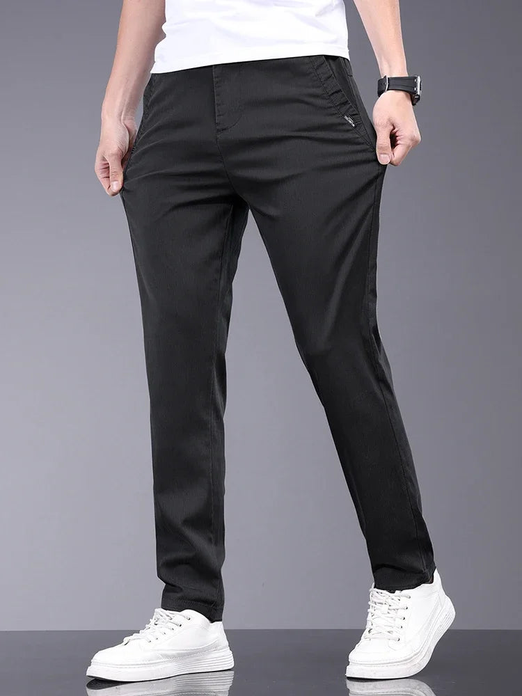 Lyocell Fabric Summer Thin Men's Casual Pants Slim Straight Elastic Waist Solid Color Business Work Trousers Brand Clothes