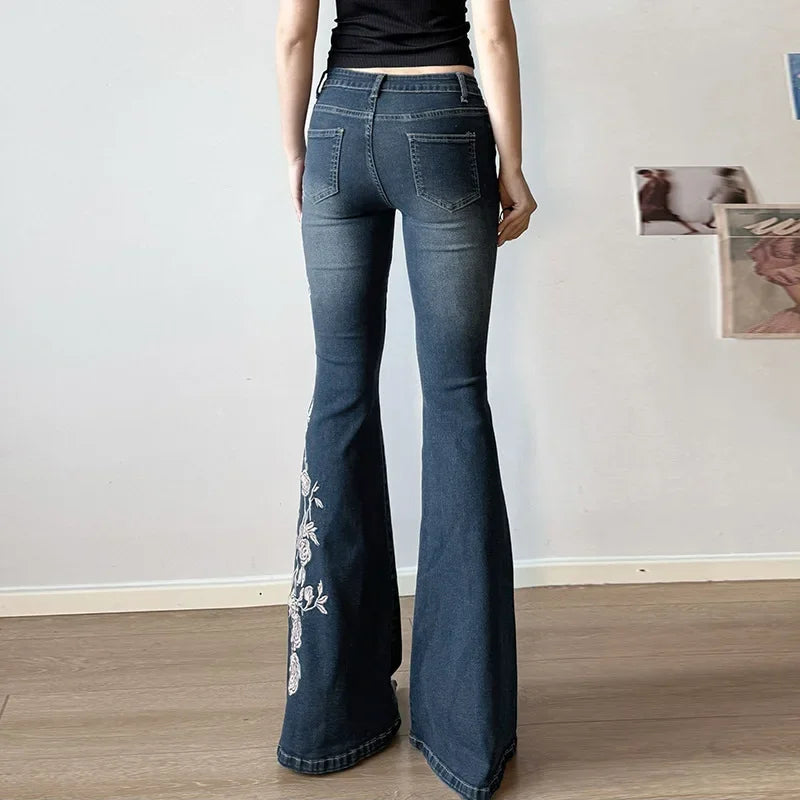 Women Retro Y2k Jeans Baggy Floral Embroidery Jeans Vintage 2000s Low Rise Flared Denim Pants High Street Basic Trousers