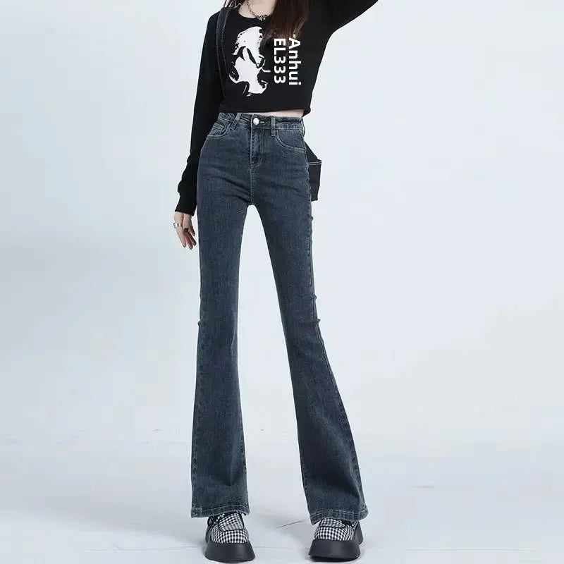 Black High-waisted Slimming Jeans Women's Autumn Winter Petite Bell-bottom Pants Trendy Vintage Horse Leggings Smooth Silhouette