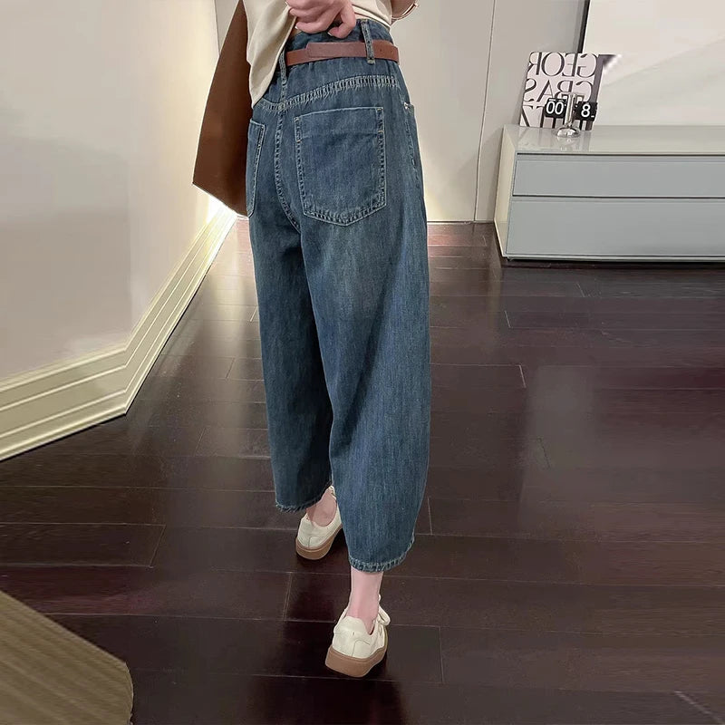 2024 Spring/summer High Waist Jeans for Women Blue Washed Casual Pants Korean Minimalist Patchwork Jeans Women's Clothing