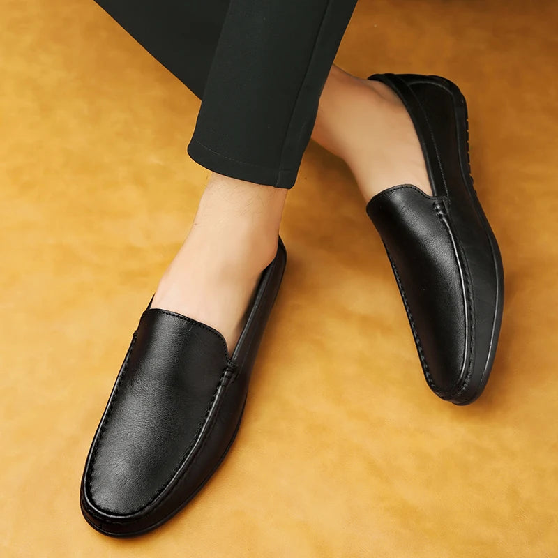 Spring Genuine Leather Men's Loafers Handmade Moccasins Casual Shoes Soft Sole Mens Business Flat Brown Minimalist Leather Shoes