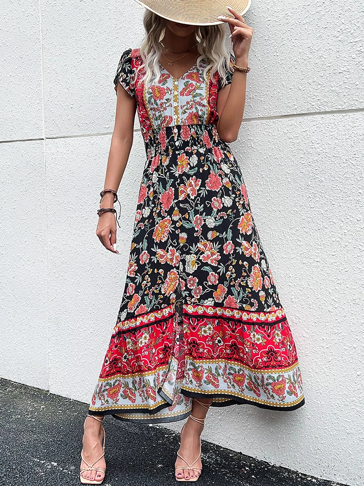 JIM & NORA Vintage Floral Boho Printed Vestidos Women Short Sleeves V Neck Slit Midi Dresses A Line Bohemian Summer Beach Dress