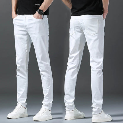 White Men's Jeans Straight Slim Solid Color Casual Denim Trousers Classic Male Pants