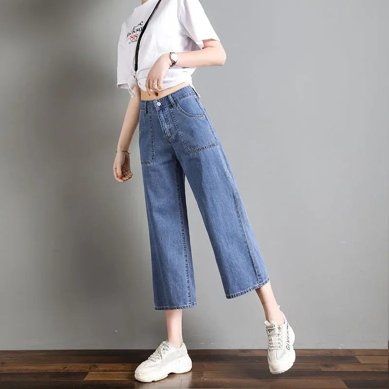 2023 New Summer Thin Jeans Women's Cropped Pants Straight-leg Loose-fit High-waisted Bell Bottoms Casual Style For Females