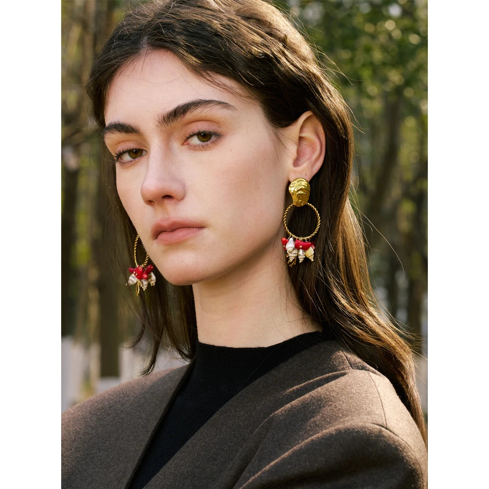 Ocean Holiday Red Natural Stone Shell Dangle Earrings