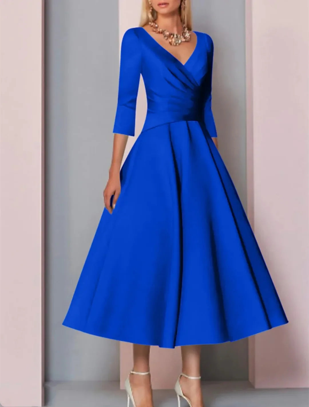Evening Dress Women Elegant Sexy Satin Deep V-neck 3/4 Sleeves