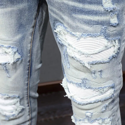 Men Jeans Retro Blue Stretch Skinny Fit Hole Ripped Jeans Men