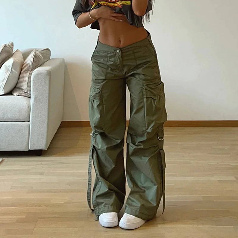 Streetwear Basic Buckle Cargo Pants Women Solid Straight Leg Big Pockets