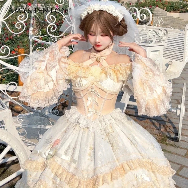 Haute Sense Heavy Industry Lolita Dress Female Sweet Off-Shoulder Lace Stitching Multi-Layer Dresses Birthday Dress for Women