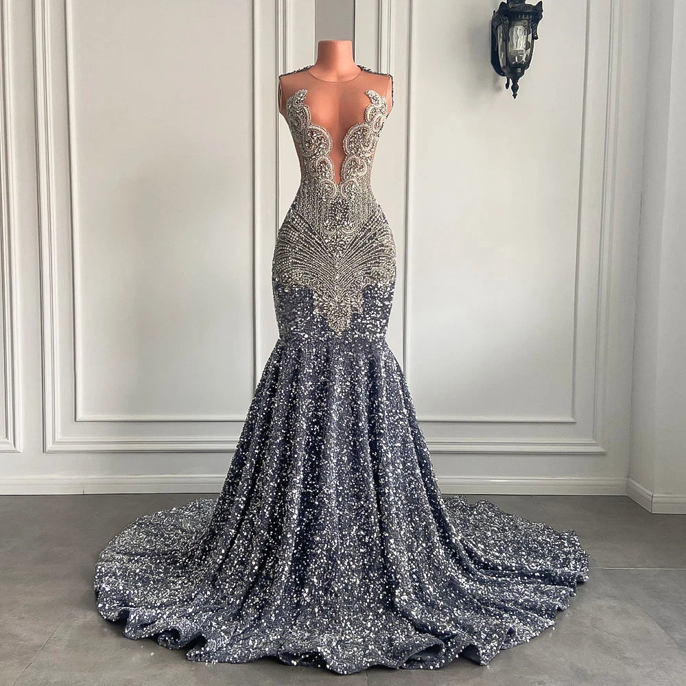 Sexy Long Sparkly Prom Dresses 2025 Sheer O-neck Luxury Silver Crystals Diamond Sequin Mermaid Black Girl Prom Party Gowns