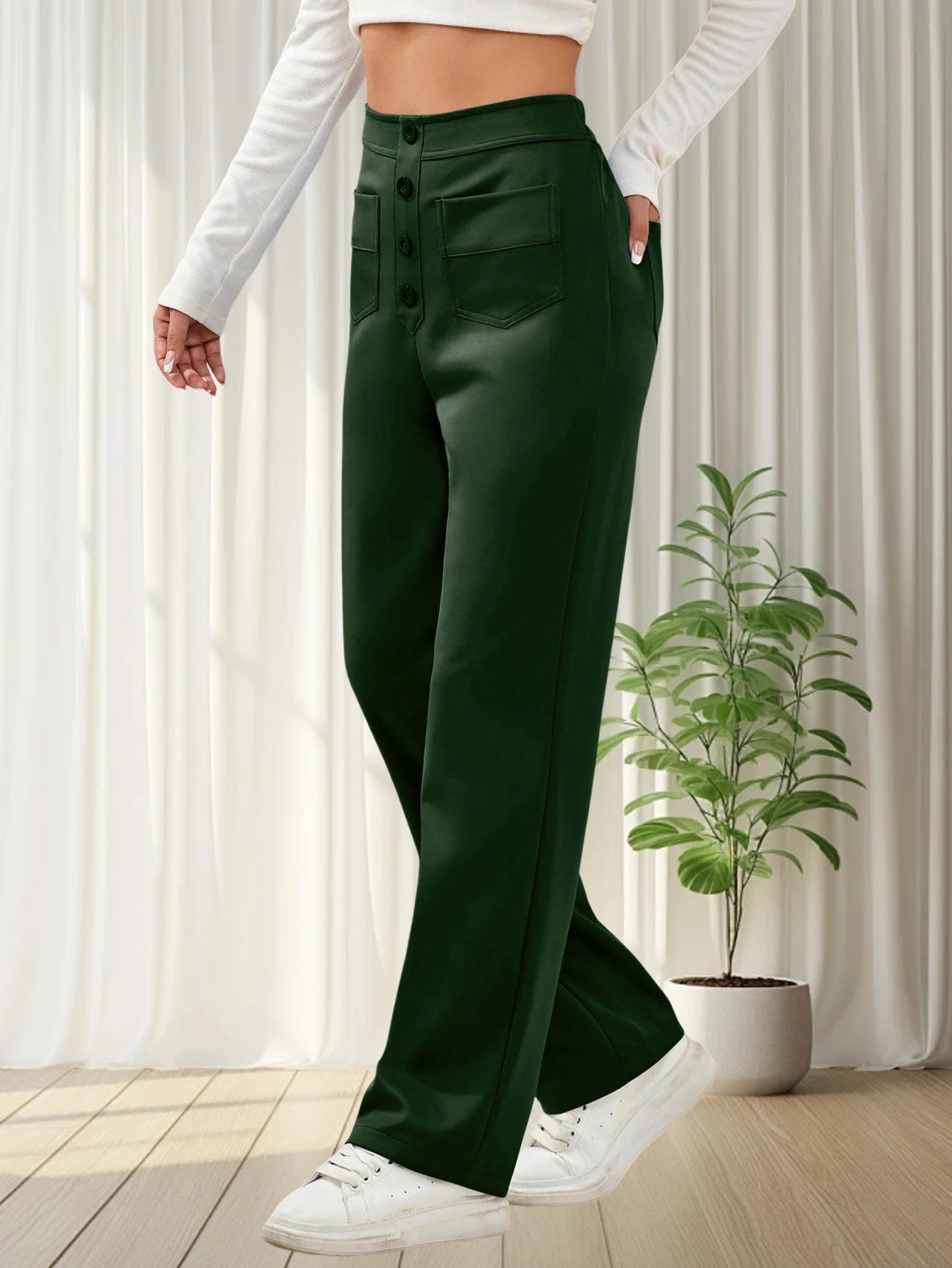 Women Sweatpants 2024 High-Waisted Multi-Pocket Cargo Pants Elegant Full-Length Casual Pants Blackish Green XL