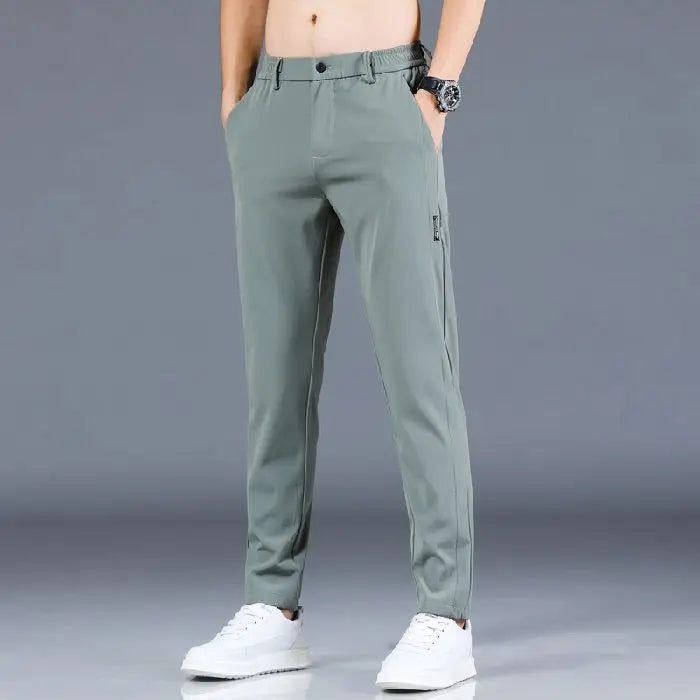 Elastic Men's Casual Trousers Summer Ultra-thin Ice Silk Slim Straight Business Pants Quick-drying Sweatpants Black Gray