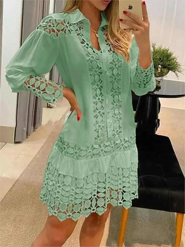 Women Long Sleeve 2 Piece Sets Solid Color Lace Splicing Elegant Prom Dress
