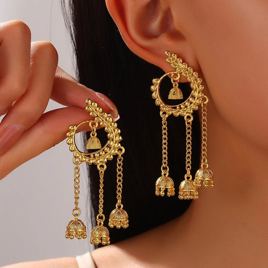 Fashion Gold Color Alloy Long Bell Tassel Dangle Indian Earrings