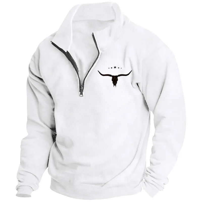 Men's Long-Sleeved Sweatshirt Autumn Winter Fleece European American Style Half-Zipper Stand-Up Collar Solid Color Bull Head Pri