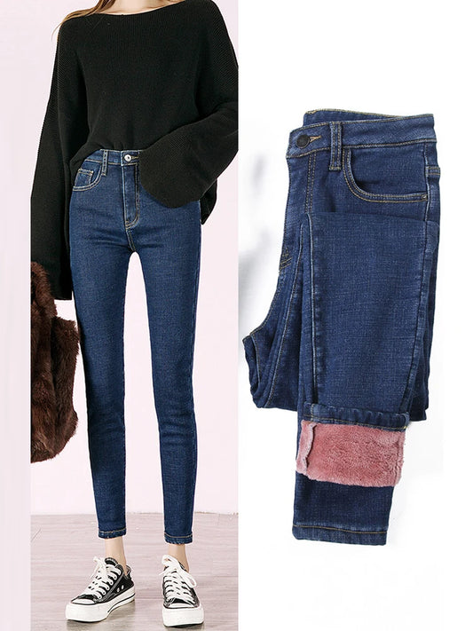 Women's Thick Warm Jeans, Stretch Tight Pencil Pants