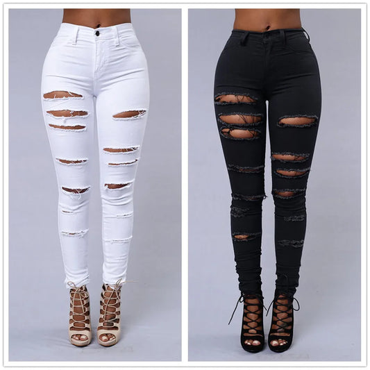 Black and White Ripped Jeans Fashion Skinny Denim Pencil Pants