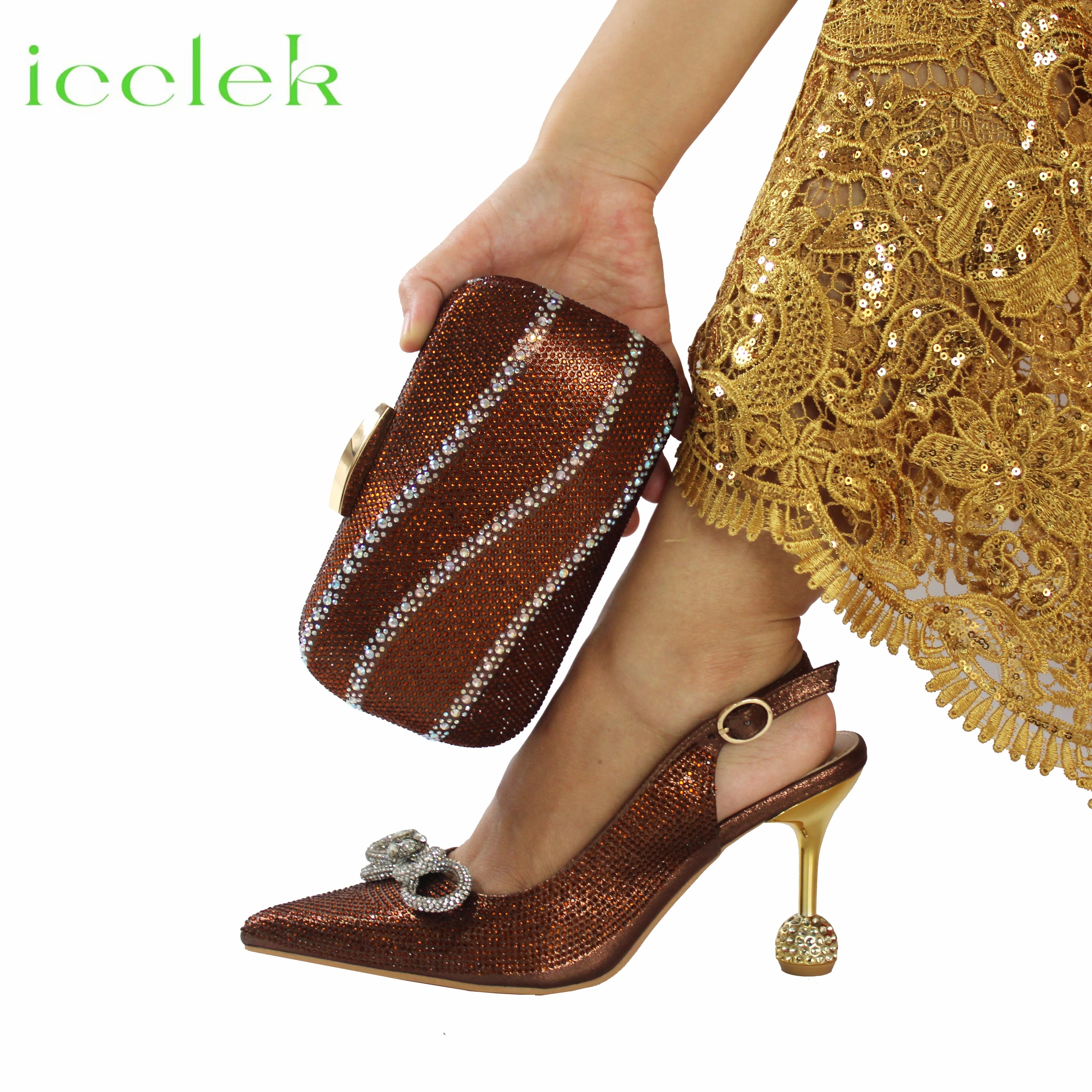 Wine Color Crystal Decoration Style Round Heels Friends Party Sandals and Bags