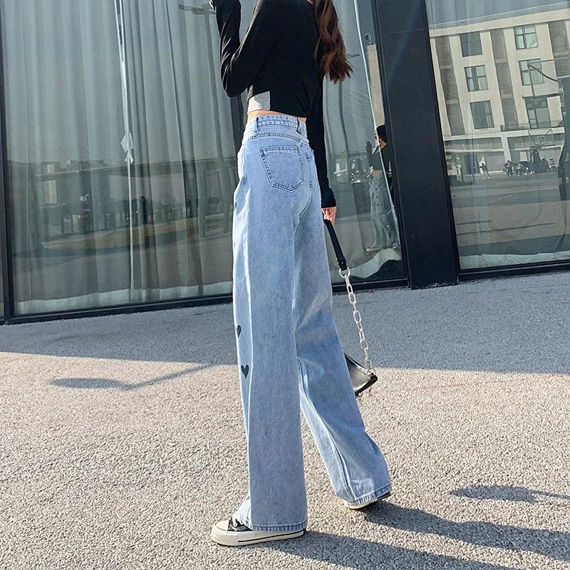 2024 New Style High-waisted Slimming Wide-leg Jeans Women's Straight-leg Loose-fit Heart Embroidery Draped Trailer Pants