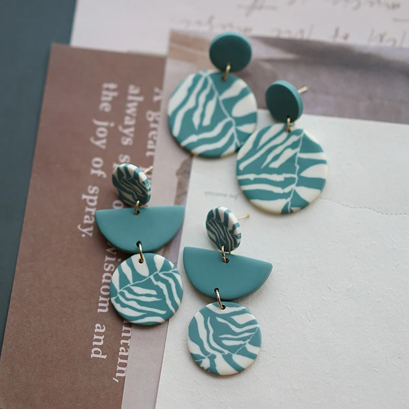 Floral Leaf Zebra Pattern Dangle Pendant Clay Earrings