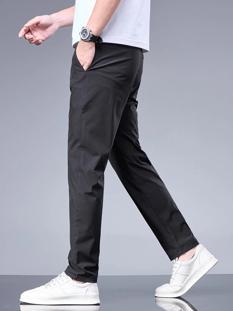 Business Ice Silk Pants Straight Elastic Waist Black Gray Trousers