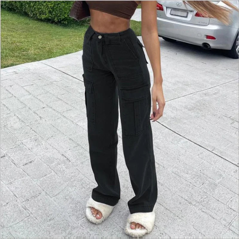Women Wide Leg Baggy Brown Jeans Lady Vintage Y2K Punk High Waist Loose Denim Cargo Pants Streetwear Pockets Oversized Trousers