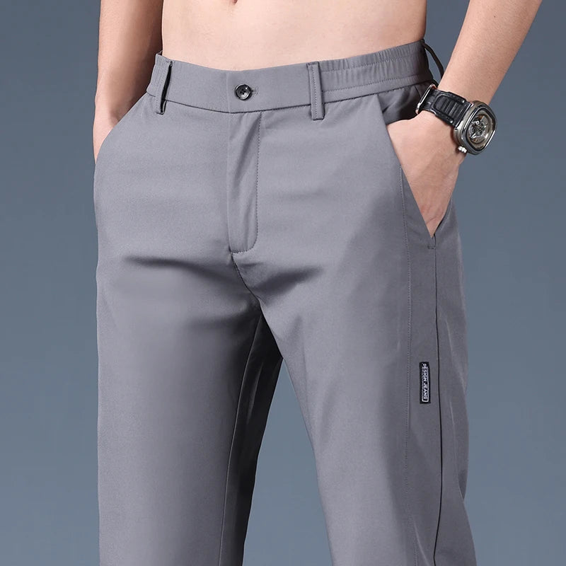 Summer Thin Ice Silk Stretch Men's Pants Business Casual Elastic Waist Smooth Trouser Suit Pants Male Brand Clothing