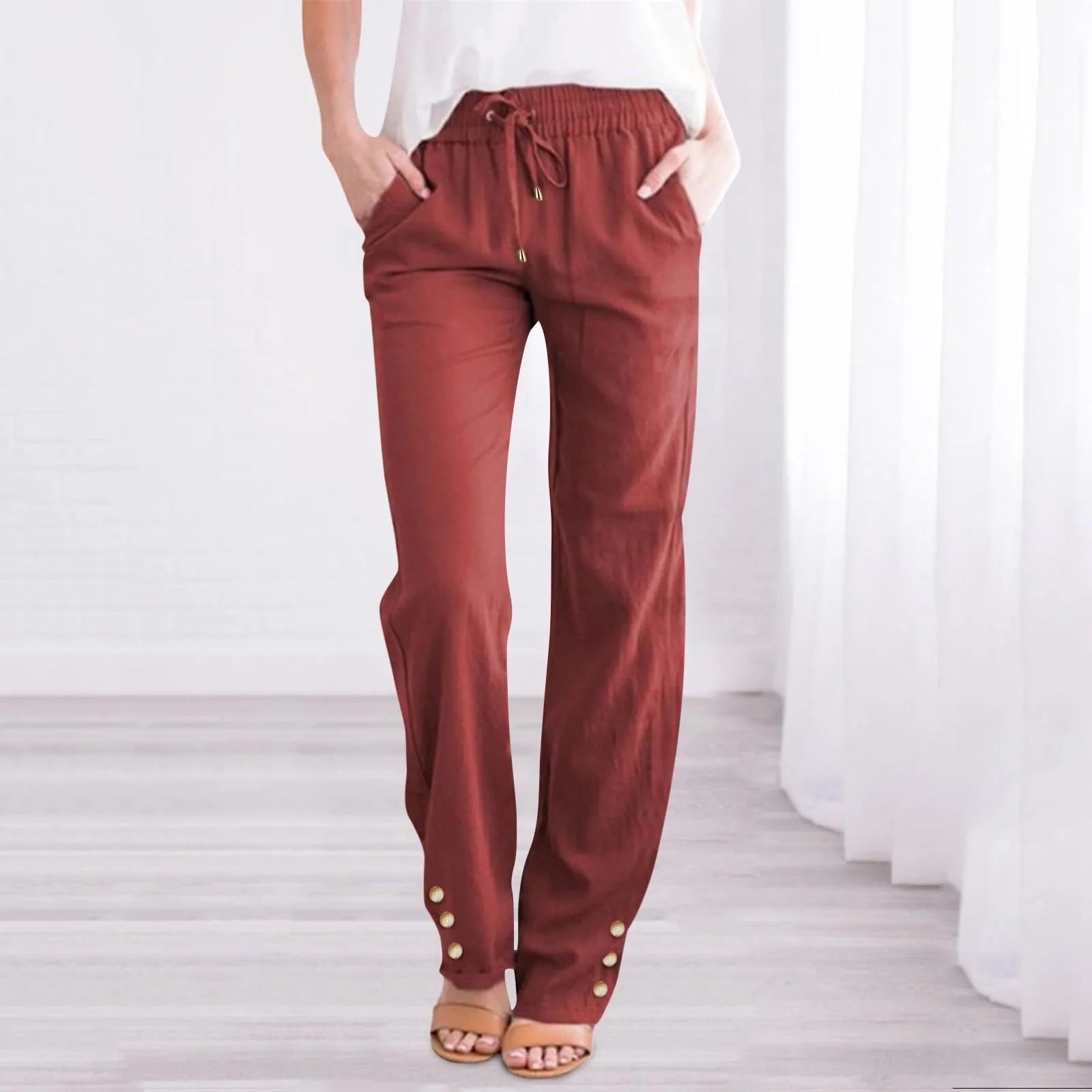 Women'S Fashionable Pants Casual Summer New Straight Trousers Solid Color Casual Slim-Fit With Pockets Buttoned Daily Pants