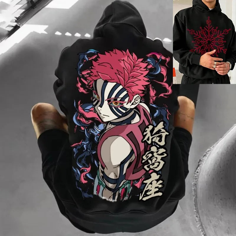 Anime Demon Slayer Akaza Print White Hoodie Oversized Streetwear Sweatshirt