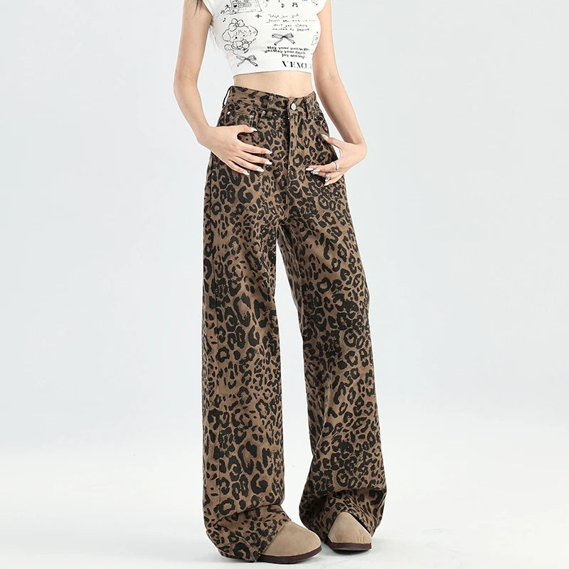 2025 Autumn New American Style High Waist Retro Leopard Print Jeans for Women Straight Loose Wide Leg Floor-Length Pants