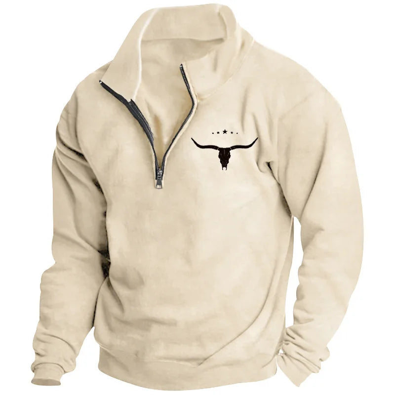 Men's Long-Sleeved Sweatshirt Autumn Winter Fleece European American Style Half-Zipper Stand-Up Collar Solid Color Bull Head Pri