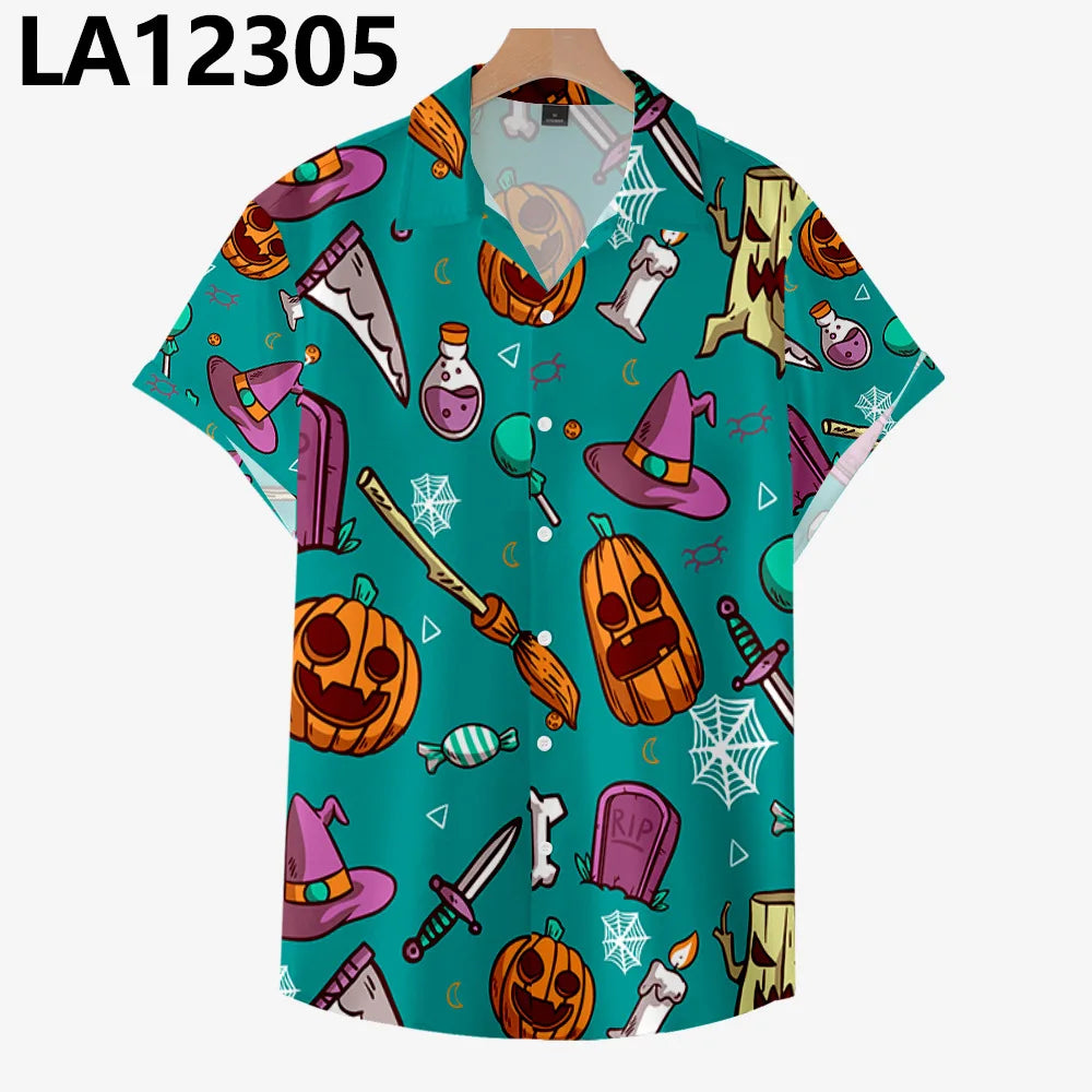 2024 Men's Summer Casual Short Sleeve Shirts Halloween Skull 3d Print Hip Hop Plus Size